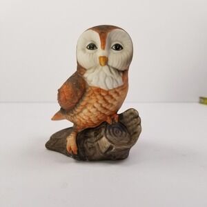 Vintage Ardco Ceramic Owl Figurine on Log Brown Orange Bird Collectible 3.5 Inch